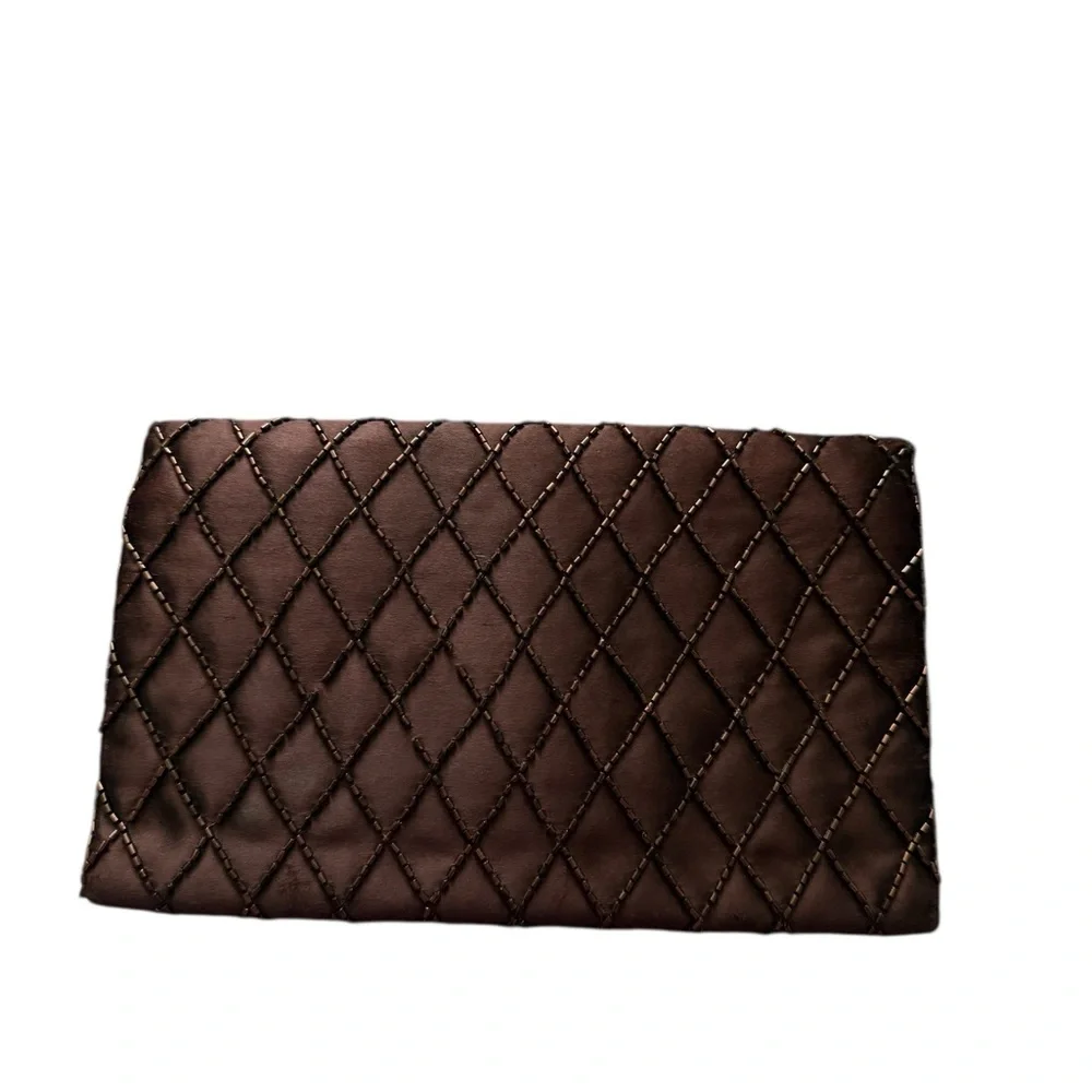 Rare Vintage 1950’s Milgrim Beaded Brown Quilted Clutch (8in X 5in)